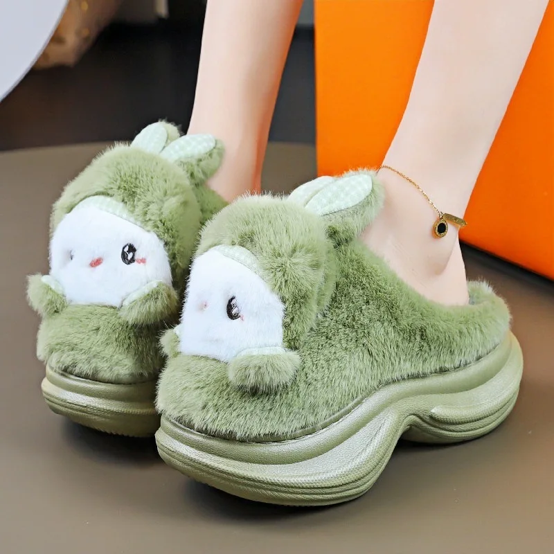 Pink Cute Rabbit Fluffy Slippers Women's Platform Thick Heeled Designer Shoes Girls Cute Home Plush Warm Winter Footwear 2025