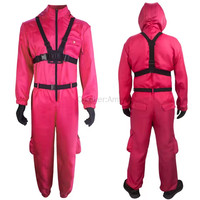 Halloween Cosplay Outfit TV Game Adult Kids Pink Red Jumpsuit Costume Set with Gloves Suspenders Role Play Party Wear for Boys