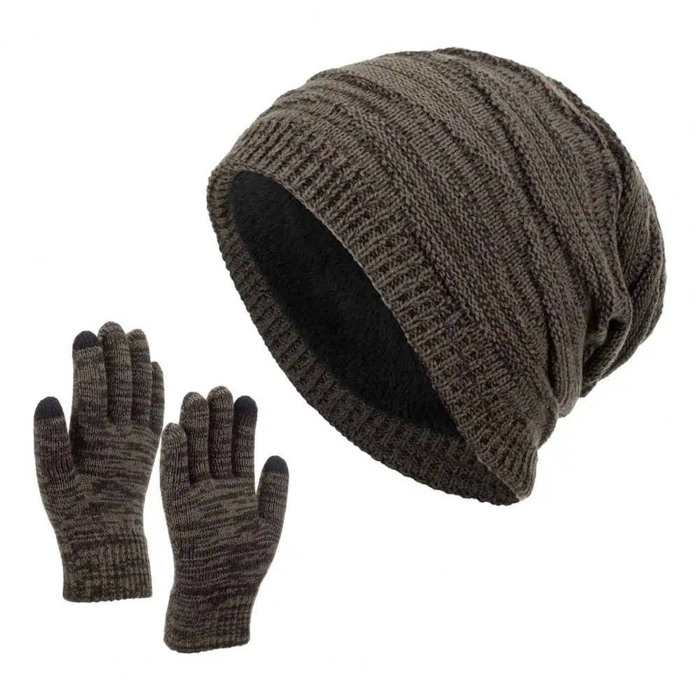 2Pcs/Set Knitted Hat Gloves Slouchy Stretchy Thickened Plush Lining Winter Thermal Men Women Knit Beanie Touchscreen Gloves Kit