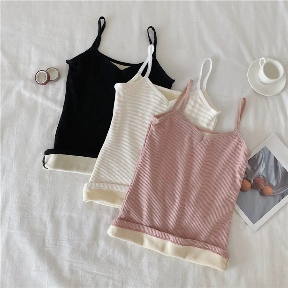 เสื้อกล้ามคอวีผู้หญิงแบบหนา แขนกุด ทรงเข้ารูป ให้ความอบอุ่น เหมาะสำหรับใส่เป็นเสื้อซับใน ฤดูใบไม้ร่วง ฤดูหนาว