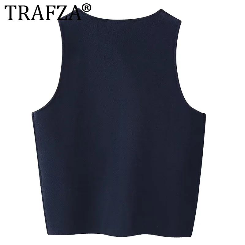 TRAFZA Y2K White Knitted Women Jacket Vest 2024 Summer Thin Sleeveless Buttons Irregular Slim Tanks Female Crop Top