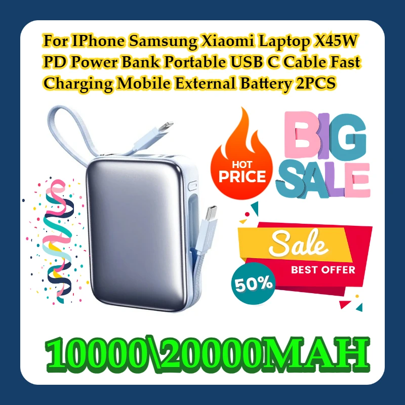 

For IPhone Samsung Xiaomi Laptop 20000mAh 45W PD Power Bank Portable USB C Cable Fast Charging Mobile External Battery 2PCS