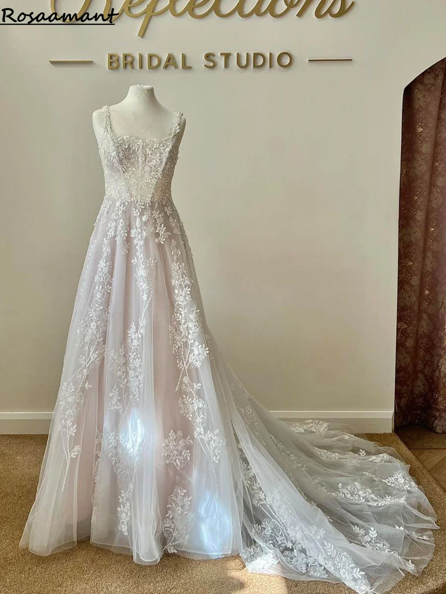 

Elegant A Line Wedding Dresses Appliques Lace Spaghetti Strap Pleat Court Train Customised Vestido De