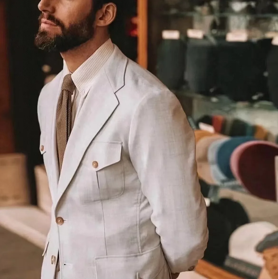 

New Beige Men's Suits Business Casual Tuxedos Formal 2 Piece Set Jacket Vest Pants Single Breasted Groom Wedding ( Coat+pant )