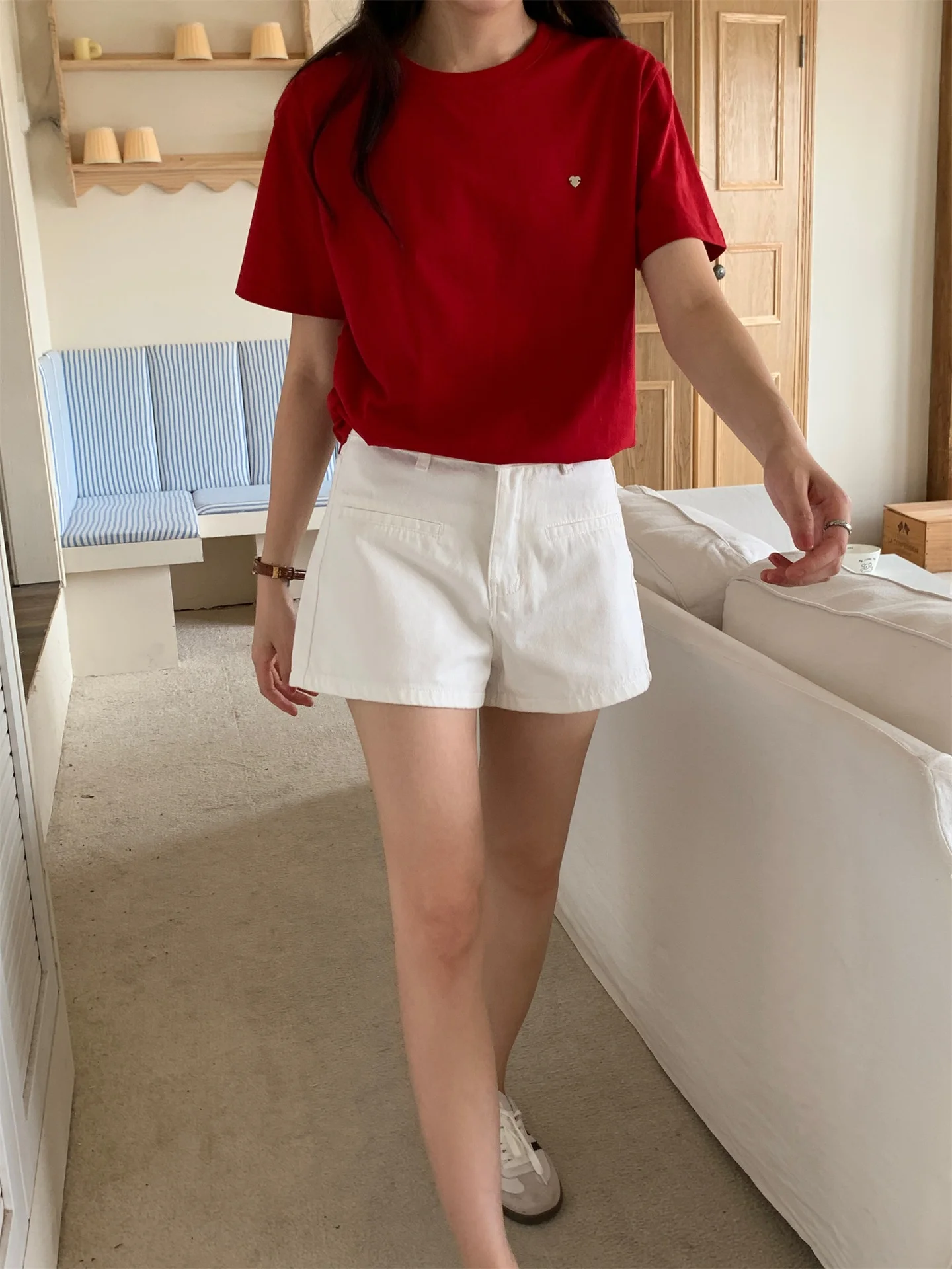 Hohe Taille, schlankmachende Farbe, Doppelket Denim Orts, faionable, vielseitig, Basic Sle East Gate, lässiger Reißverschluss