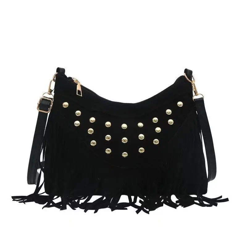 

2026 Fashionable retro buckle fringed women's bag outdoor bright unique casual single shoulder crossbody bag