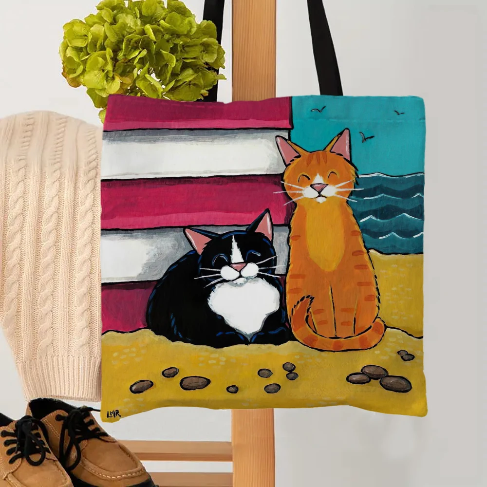 Cat Cartoon Tote Bag Reusable Shoulder Shopping Beach Bag For Women, Durable Casual Carryall