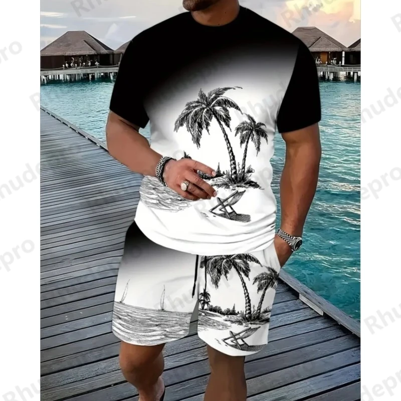 

Men's Casual Short Sleeve Set Summer Coconut Tree Sailboat Print Casual Fashion Street Clothing Short Sleeve Shorts 2 Pieces