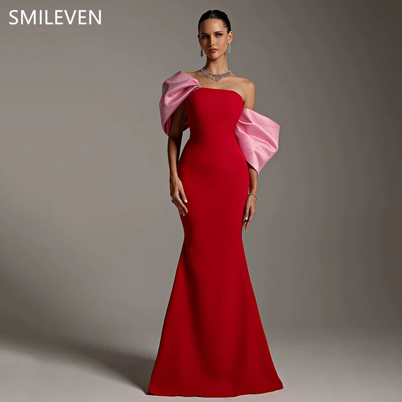 

Smileven Red Mermaid Prom Dress Sexy Back Pink Bow Off The Shoulder Formal Evening Gowns Pleats Wedding Party Dress Customized