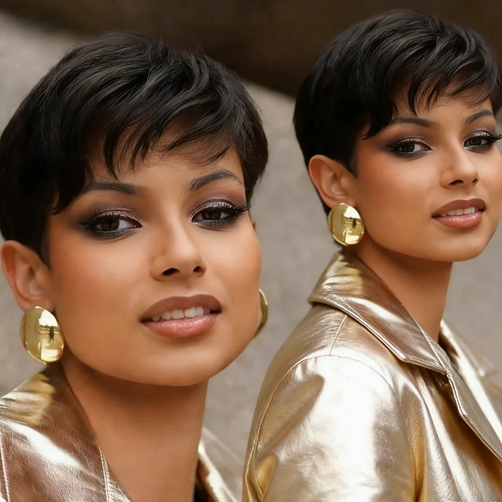 

Стильная короткая стрижка пикси с мягкими текстурированными слоями, современный образ, нежные волны и легкая боковая чёлка, парик пикси-кёрл из натуральных волос.