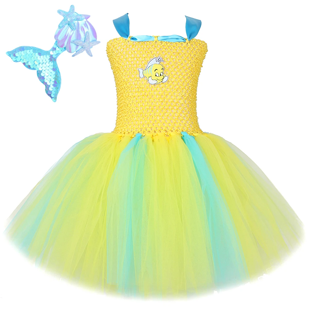 LIttle Mermaid Flounder Costumes for Baby Girls Cartoon Fish Tutu Dress for Kids Birthday Party Outfit Christmas Holiday Clothes