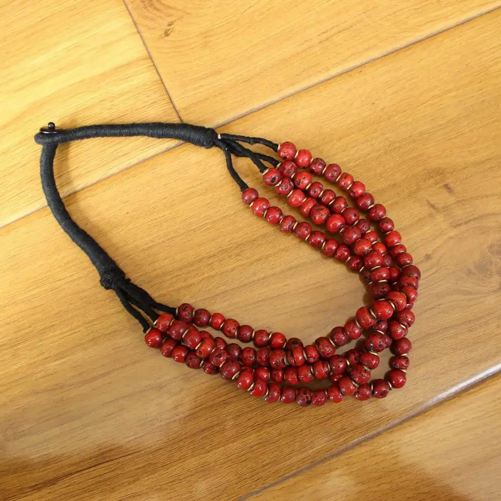 NK256 Ethnic Tibetan Jewelry 4 Rows Brass Metal 10mm Red Glass Beaded Necklace For Women