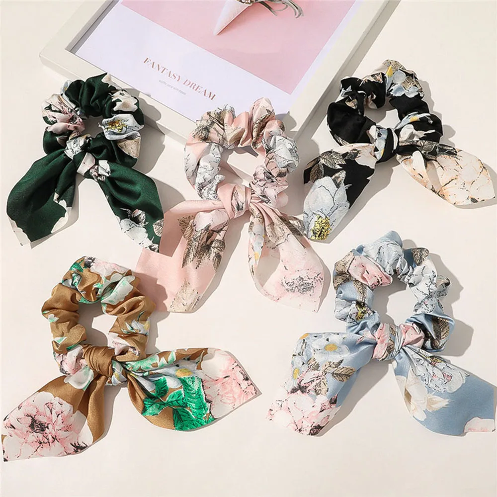 Elastic Hair Tie Scrunchies para rabo de cavalo Moda Bow Print Fita de flor Corda de cabelo de orelha de coelho