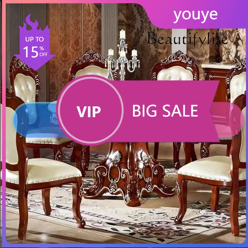 

A45 European Round Table, American Hotel Villa Restaurant With Turntable Round Table Solid Wood Carving Flower Marble