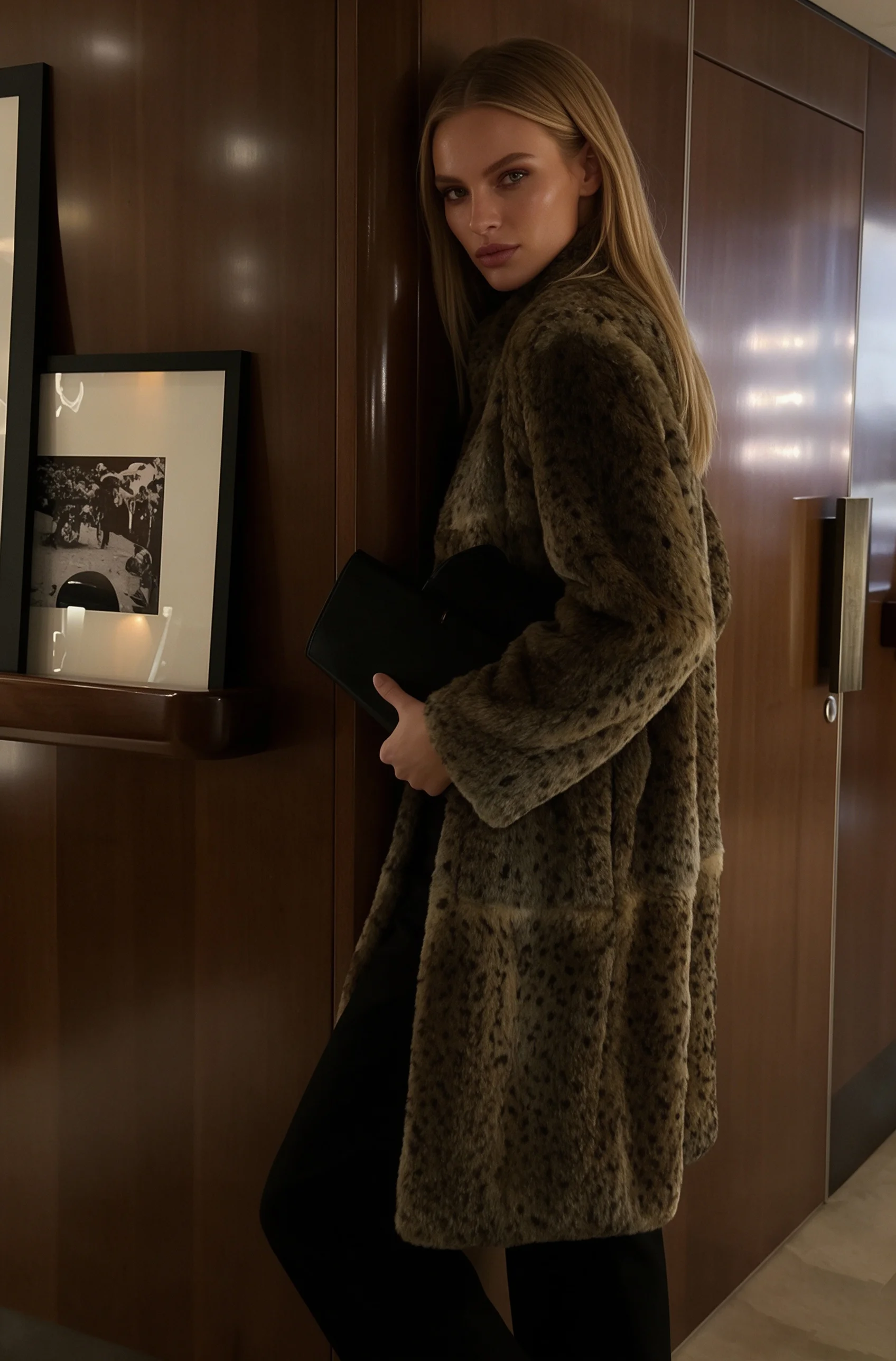 PUAL  Women Leopard Faux Fur Long Coat Stand Collar Warm Thick Luxury Furry Overcoat Winter Fashion Outerwear