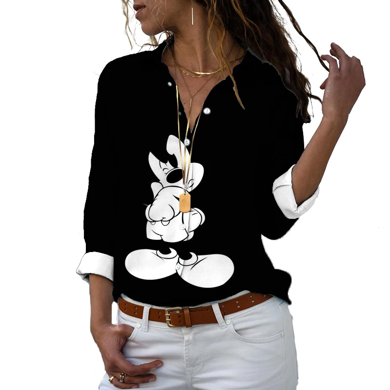 Camisa casual Mickey Minnie feminina, Harajuku, ajuste fino, impressa em 3D, manga comprida, botão, lapela, fofo, novo, outono, Y2K, 2024