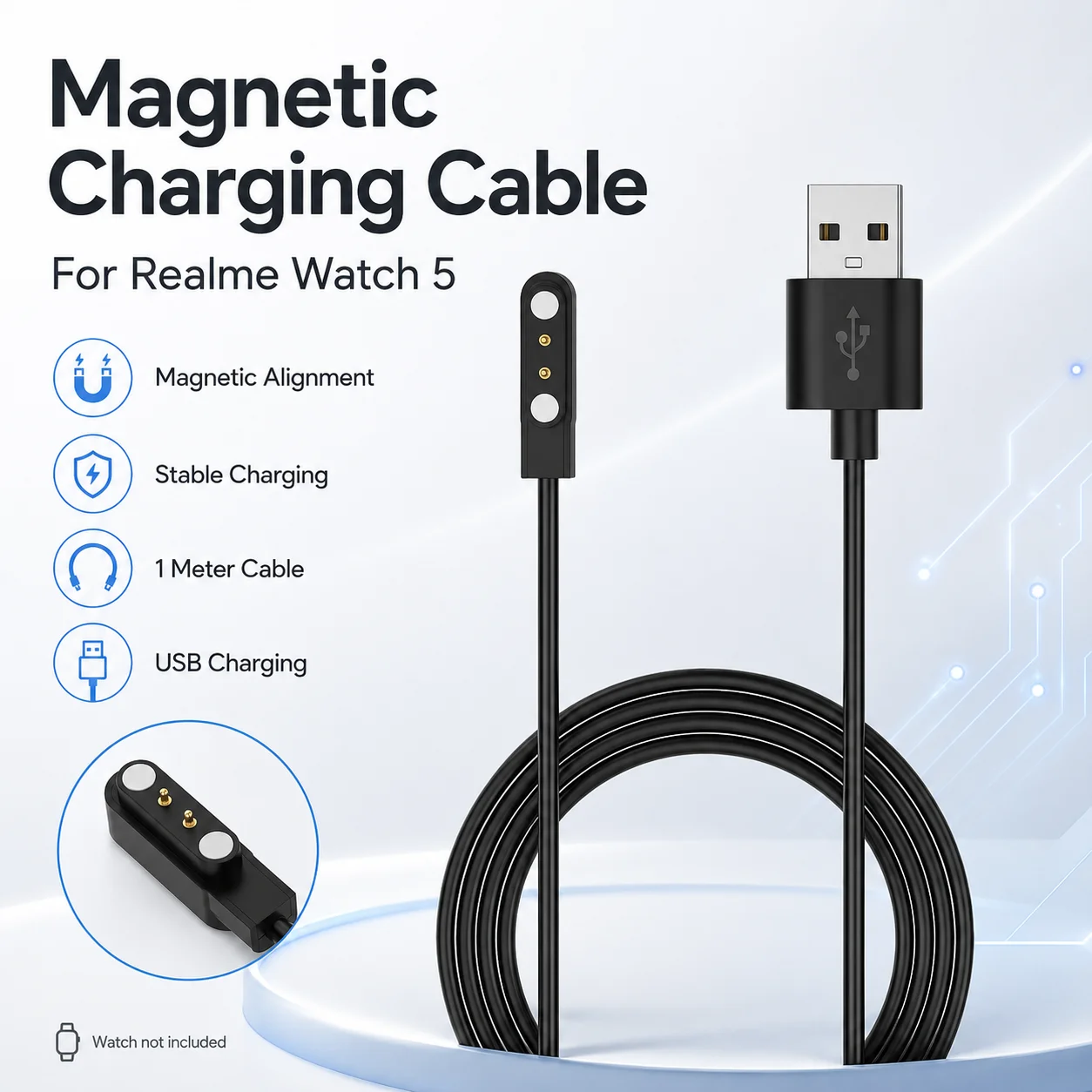 Magnetic Charging Cable for Realme Watch 5 2-Pin USB Charger 1M Replacement Smartwatch Charging Cord Magnetic Watch Charger
