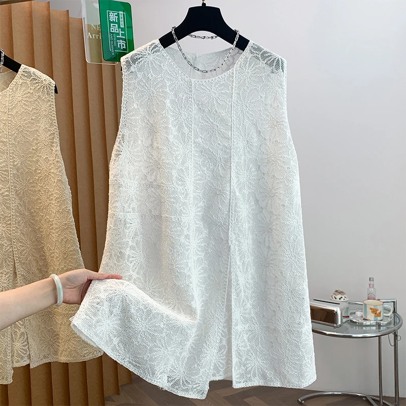 Women's Loose Fit Sleeveless Hollow out Vest Thin Summer Outerwear Top round Neck Polyester Fiber Long Line Open Front Style