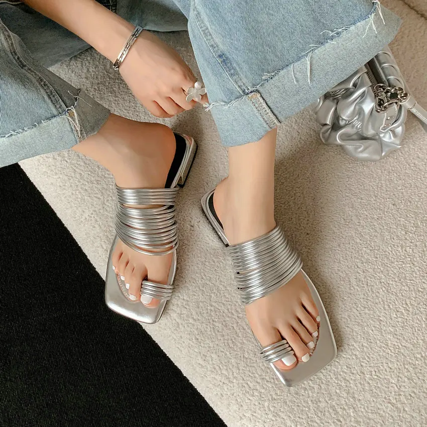 QUTAA 2024 Silver Women PU Leather Sandals Summer Casual Low Heel Slippers Square Toe Shoes Woman Sandals Size 34-40