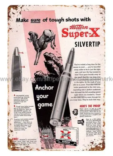 1952 Winchester Western Super-X Silvertip Ammo metal tin sign