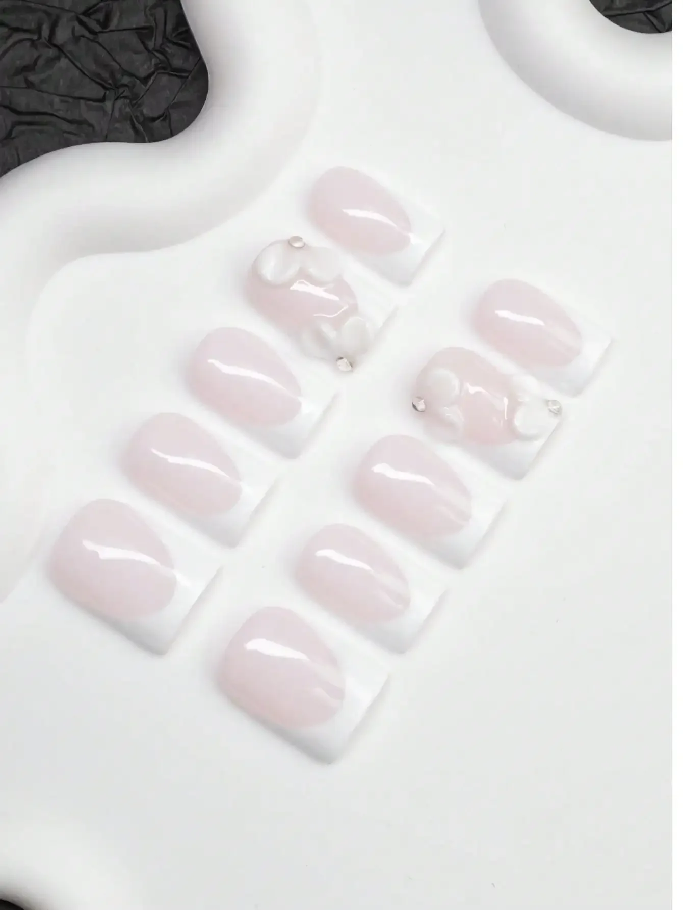 10pcs Square Shaped Handmade Nail Tips, Y2K Baddie Style, Nude & White Color With French Tips & Floral Design, Suitable For Wome