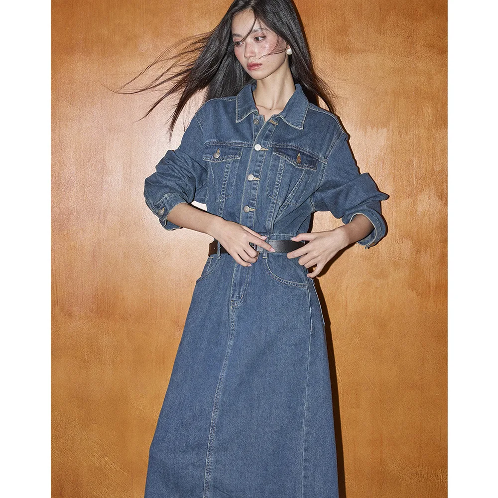 

Новое осеннее джинсовое платье макси Shengdu в корейском ретро-стиле с эффектом потертости, универсальное, с длинным рукавом, повседневное, с завышенной талией, А-силуэт, для женщин