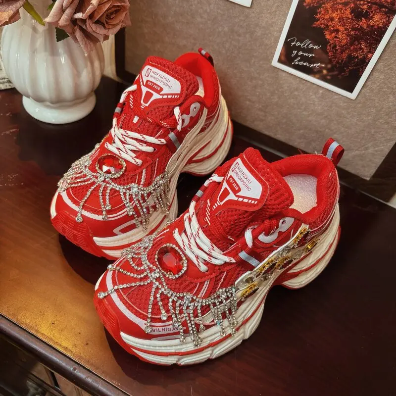 2026 New Spring Red Chunky Dad Sneakers Women Elevator Soft Sole Casual Sports Shoes Fashion Rhinestone Tassel