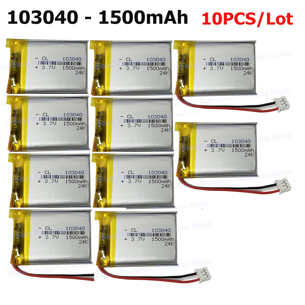 10PCS 3.7V 1200mAh 103040 With JST 3pin 2.0 Plug Rechargeable Battery For Camera MP3 DVD GPS PSP Bluetooth Speaker Power Bank
