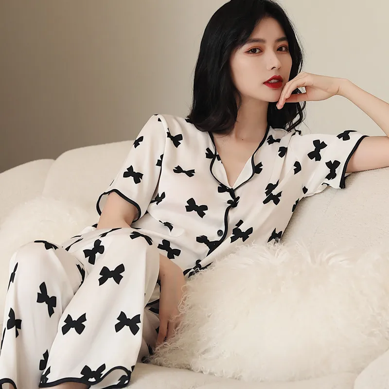 Summer Pajamas Women's Silk Suit Printed Ice Silk Short-sleeved Trousers Pajamas Sweet And Cute Casual Sleepwear Women Set