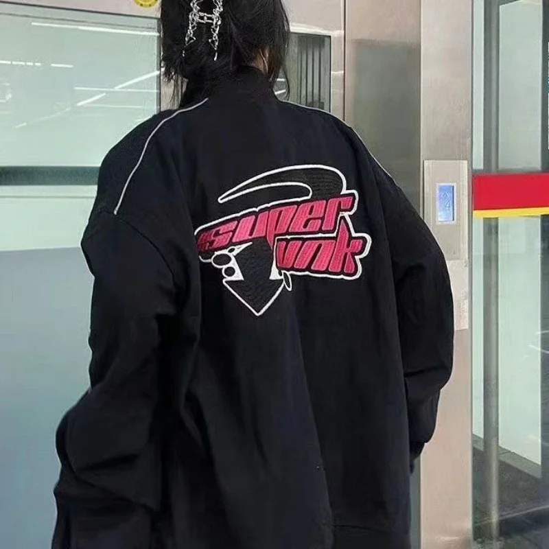 

Женская свободная бейсбольная куртка большого размера с винтажным принтом, мотоциклетное пальто, весна-осень, универсальный тренд в американском стиле