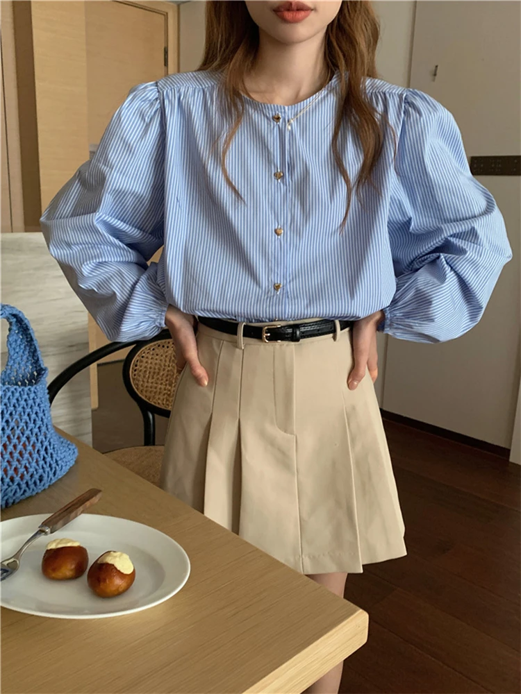 BL9961 New 2024 Korean Fashion Office Lady Puff Sleeve Striped Chic Oversized Women Blouses Shirts Vintage Elegant Lady Tops