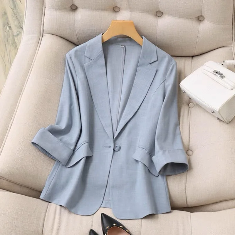 Spring Summer New Style Korean Version Silk Fashion Small Suit Jacket Women Thin Sleeve Seven Button Slim Fit Western Wear