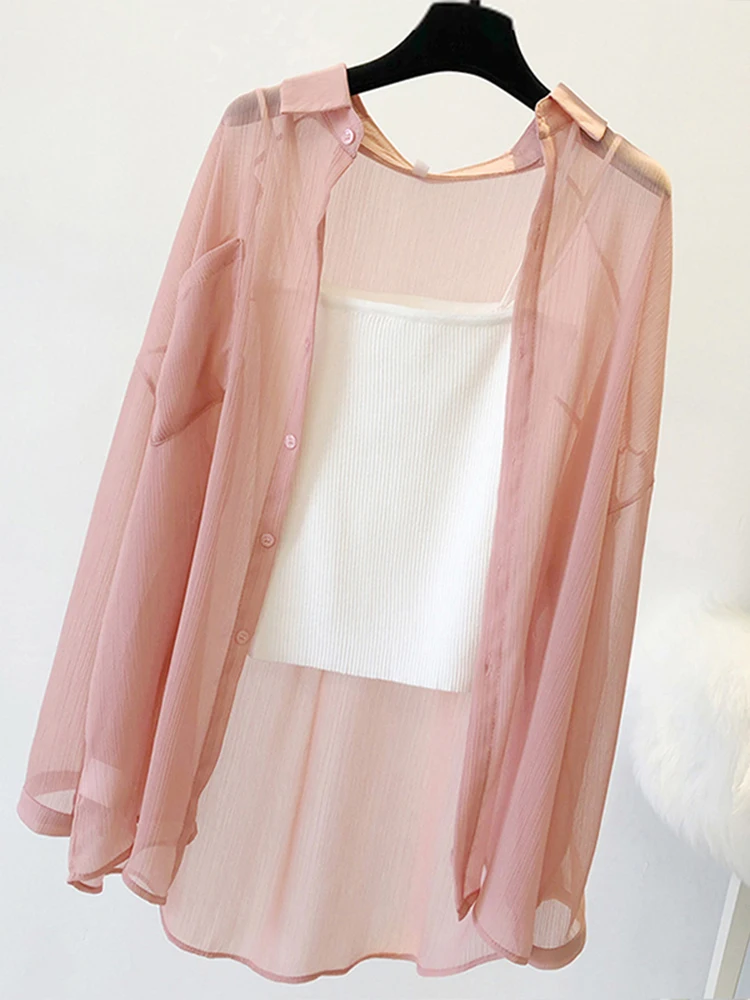 Women's Summer Thin Chiffon Sun Protection Shirt Cardigan Strap Dress Outer Covering Shoulder Shawl Small Cannon Shirt Coat S...