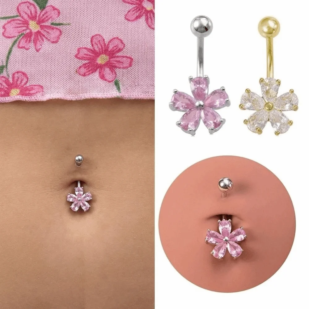 Holiday Simple Belly Button Rings Stainless Steel Flower Navel Ring Crystal Zircon Body Piercing Jewelry Sexy