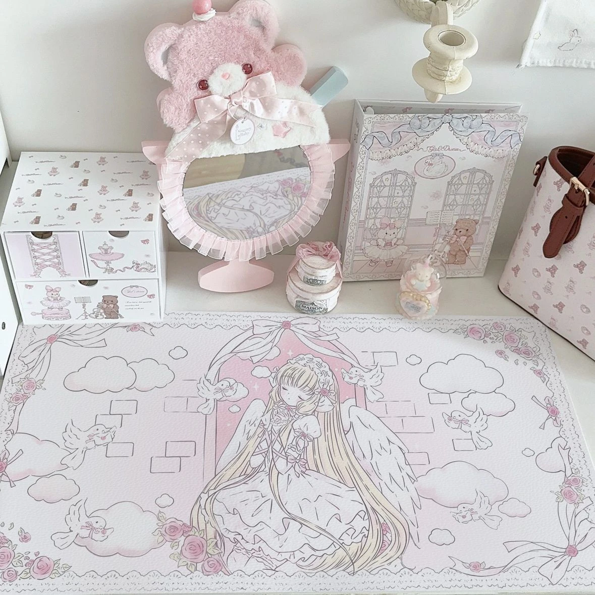 Cute Anime Girl Pink Angel Wing Pu Leather Mouse Pad Waterproof Desk Mat Y2K Protective Game Keyboard For Dorm Vanity Table Mat
