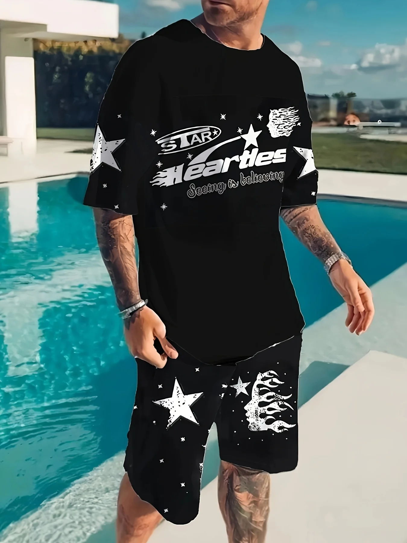 

Summer 2025 new men's casual and fashionable outdoor men's wear with letter and star print patterns