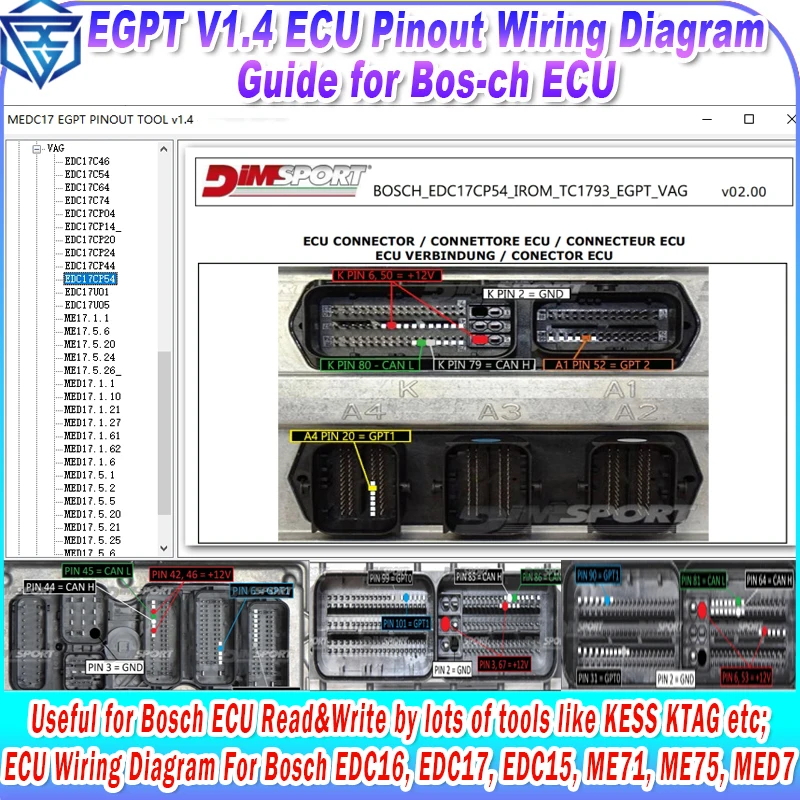 ECU Pinout Wiring Diagram EGPT V1.4 Pin out Guide for Bosch ECU EGPT Connection Boot ECU Pinout Bench for Cars Useful KESS KTAG