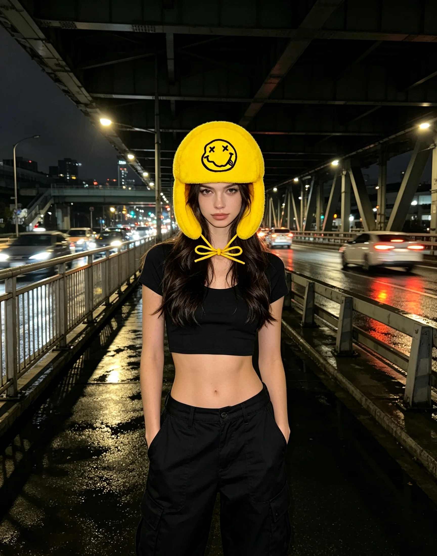 Trapper Hat Ear Flap - หมวกปิดหูผ้ากำมะหยี่ลายหน้ายิ้มสีเหลือง สไตล์สตรีทแวร์ Y2K หมวกกันหนาวขนฟูอบอุ่นสำหรับผู้หญิง
