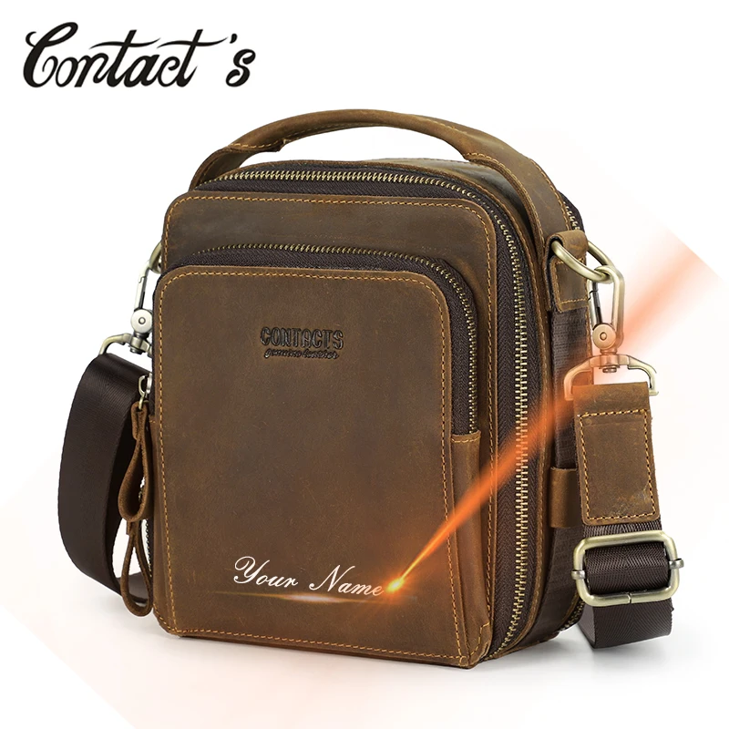 Contact's Men Shoulder Bag Vintage Genuine Leather Small Messenger Crossbody Bag Handbag Male Travel Bag for iPad Mini 8.3 Inch