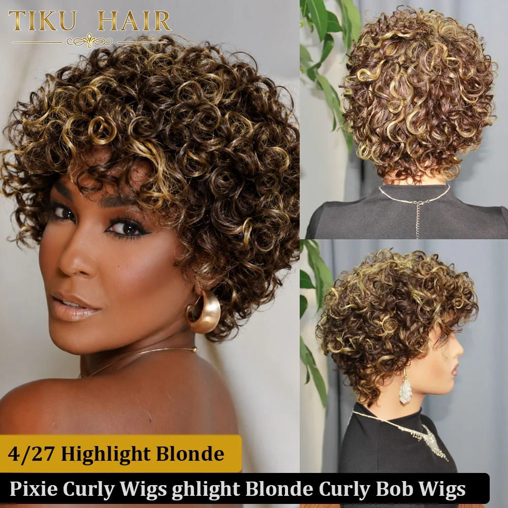4/27 Highlight Blonde Wigs Human Hair Pixie Curly Bob Wigs Short Bob Human Hair Wigs Preplucked Brazilian Hair 150% Density