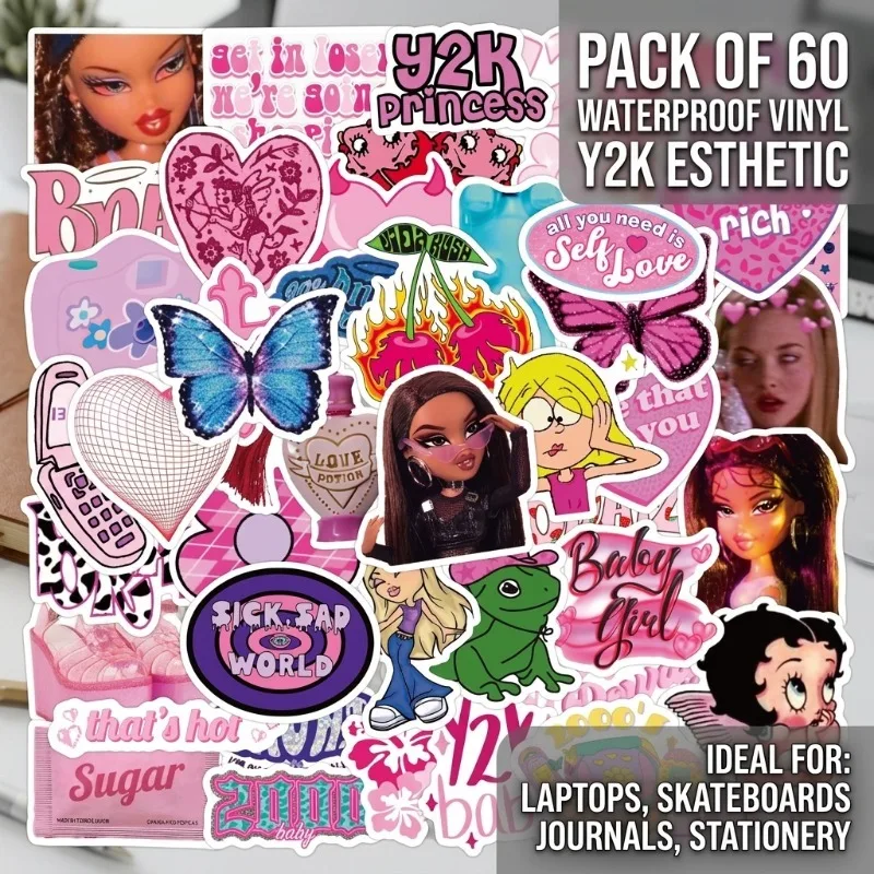 Y2K-Aufkleber, 60 Stück, wasserfeste Vinyl-Aufkleber für Skateboards, Laptops, Tagebücher, Schreibwaren, Großhandel, kreativ und interessant