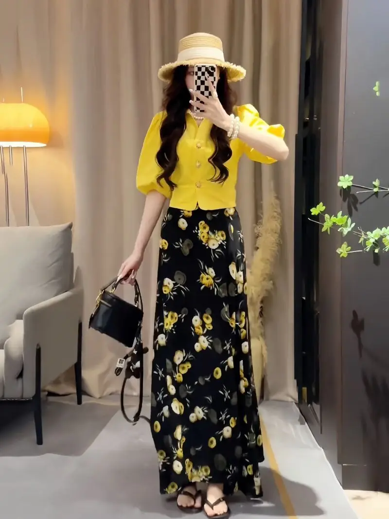 

Summer Faion Women's Salt System Bubble Sve irt Top Floral f Skirt Two-Piece Set Polyester Fiber 8-25 Years Old