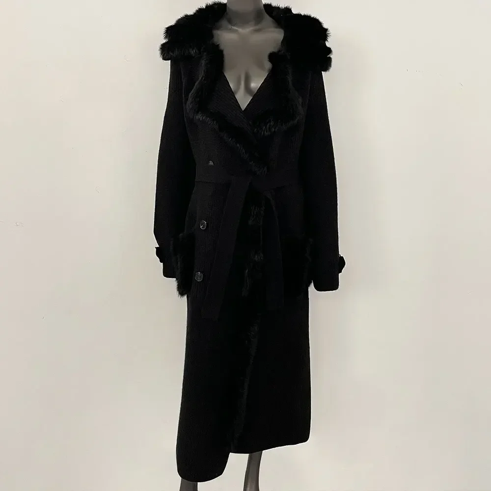 

OFTBUY Real Fox Fur Collar Jacket Women Autumn Knitted Wool Coat Long Sleeve Long Plus Size Female Jacket Genuine Fur Trimming