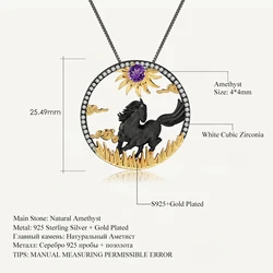 GEM'S BALLET Natural Amethyst Gemstone Chinese Zodiac Jewelry 925 Sterling Silver Handmade Horse Pendant Necklace For Women