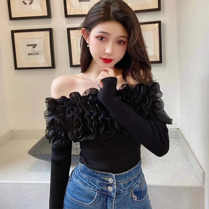 Spring Autumn High Quality Knitted T-Shirt Chic Sexy  Off Collar Ruffles Women Tops Long Sleeve Stretchy Slim Tees Pullover 3990