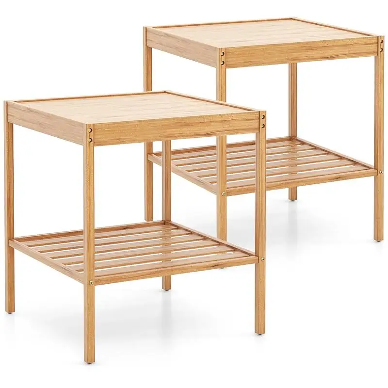 2er-Set Nachttische aus Bambus, 2-stufiger Beistelltisch, 40 x 40 x 45 cm, naturfarben
