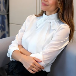 Fashion Solid Color Hollow Women Clothing Elegant Long Sleeve Tie Bow Chiffon Blouse Spring Stand Collar Formal Shirt 0599 30