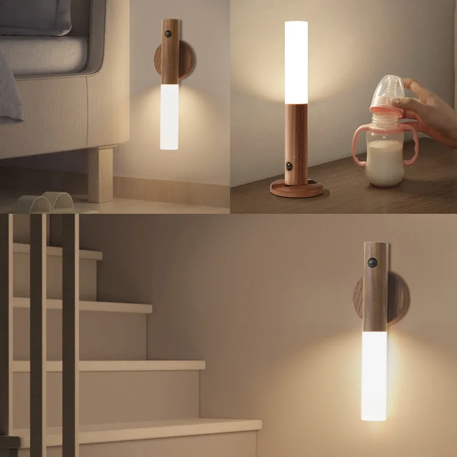 Human Sensor LED Night Light Wireless Magnetic Type-C Charging Wood Wall Lamp 3 Colors Dimming Kitchen Bedroom Cabinet Light