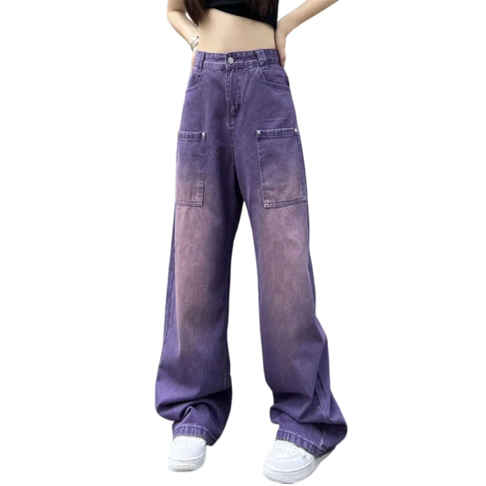 2025 Vintage Frauen Gewaschen Tief Lila Jeans Hohe Taille Y2K Amerikanischen Stil Streetwear Denim Hosen Casual Weibliche Hose