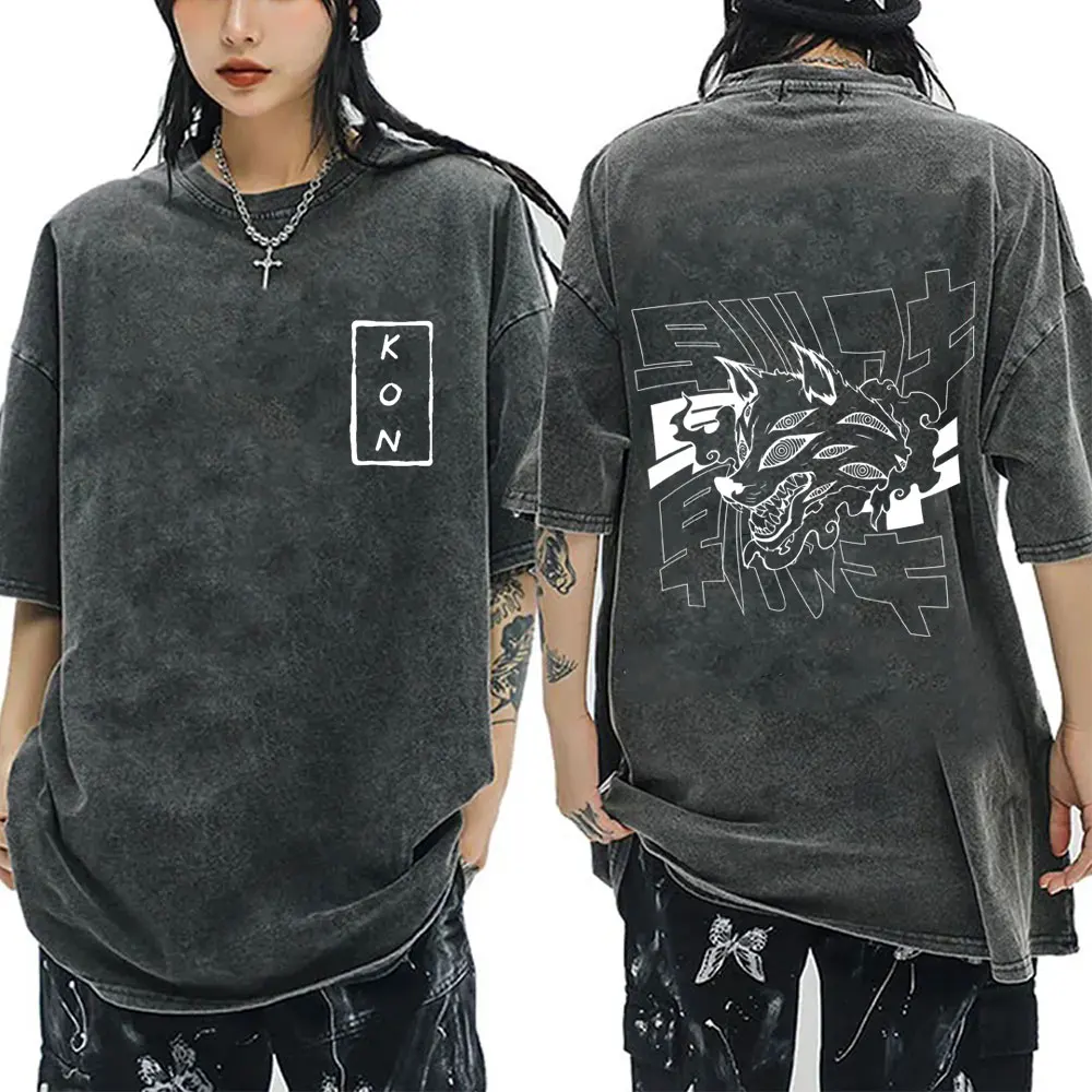 Vintage Washed Anime Chainsaw Man Hayakawa Aki Summon Fox Devil Kon Graphic T Shirts Men Women Manga Harajuku Oversized T-shirts